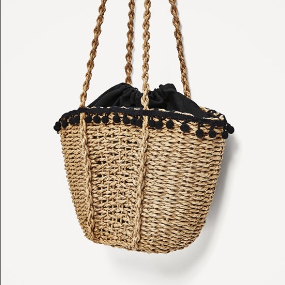 Boutique Handbags - RESTOCKED Straw Woven Basket Bag with Pom Poms